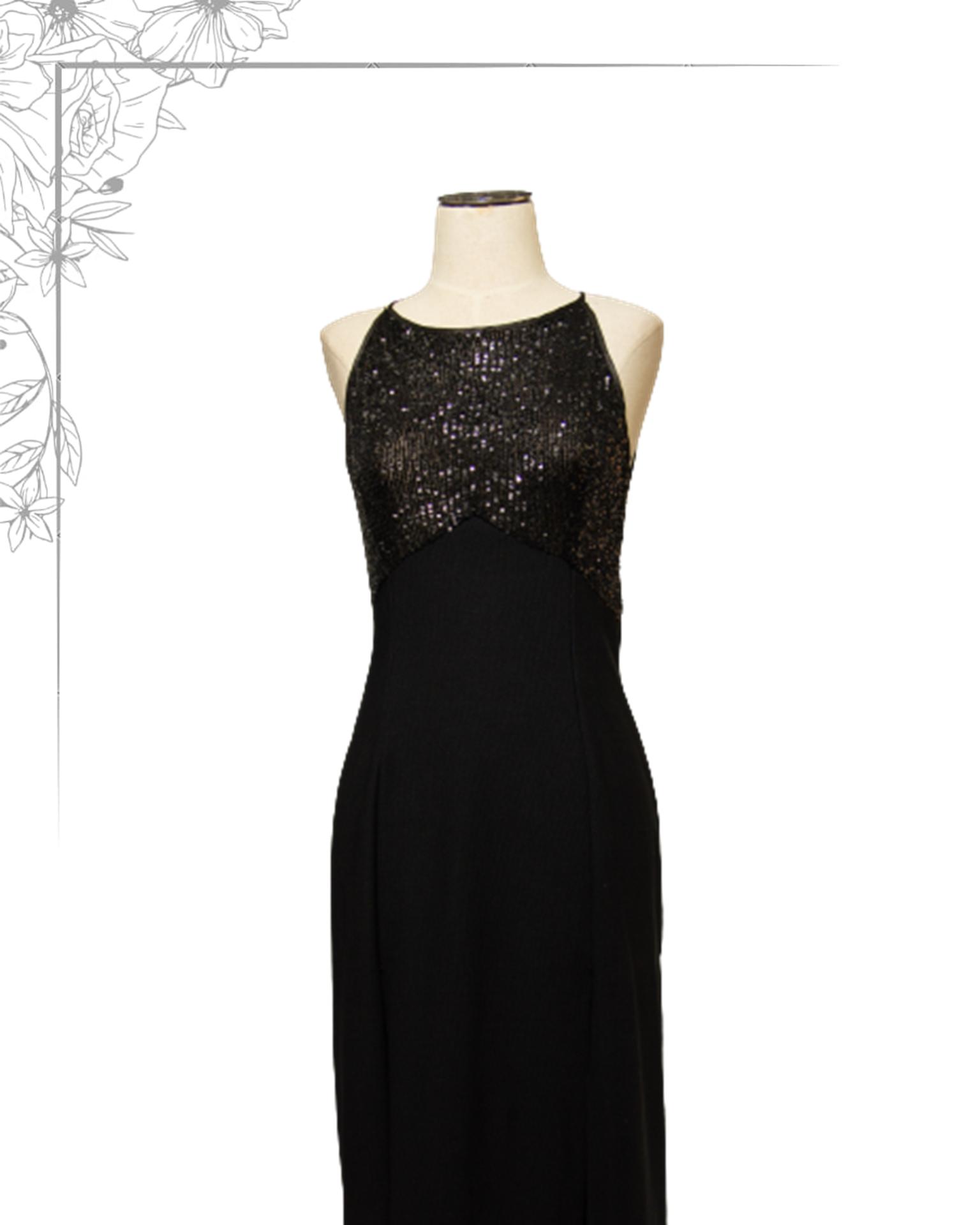 Black floor length dress with a sequin top